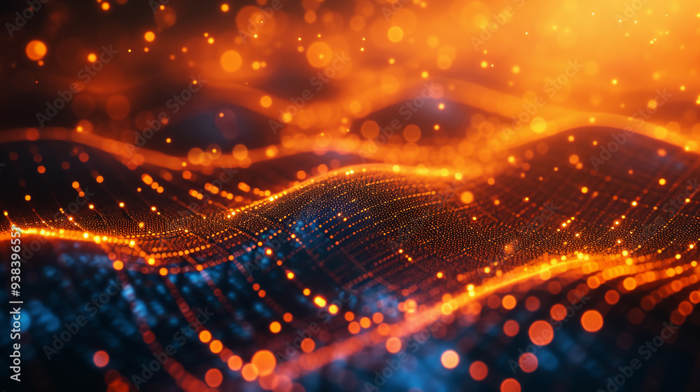 Vibrant abstract tech background featuring flowing waves and dynamic particles illuminated by orange and blue hues. Abstract light background Vibrant abstract tech background featuring flowing waves and dynamic particles illuminated by orange and blue hues. Abstract light background
