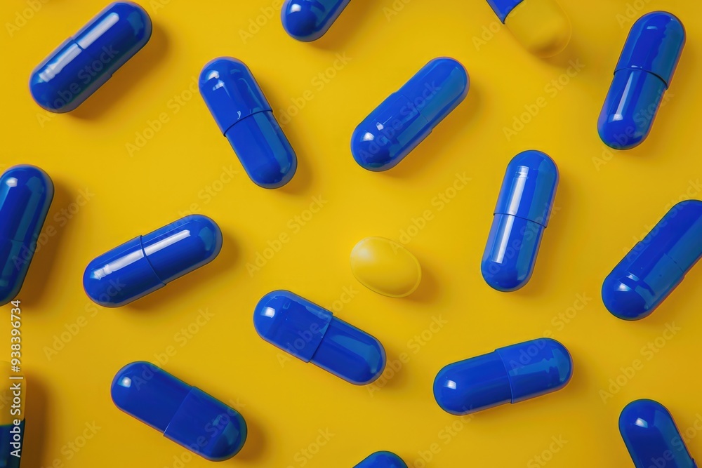 Close-up of multiple blue and yellow pills arranged on a bright yellow surface Close-up of multiple blue and yellow pills arranged on a bright yellow surface