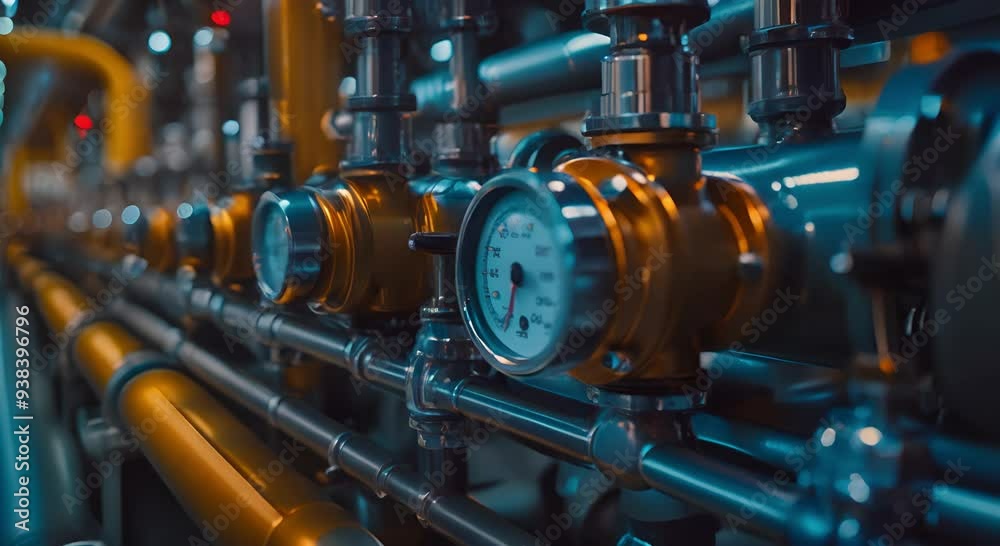 Close-up of Industrial Pressure Gauge on Blue Pipe System