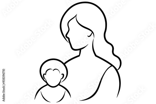 mom and baby black line art style silhouette vector illustration