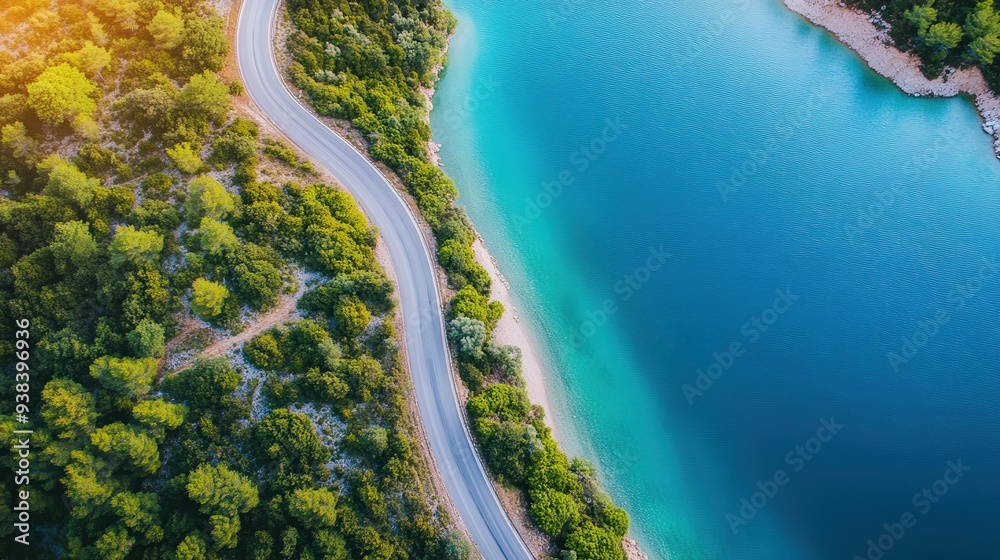 Winding road along the tranquil blue waters of a scenic lake region Winding road along the tranquil blue waters of a scenic lake region
