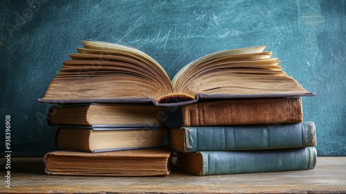 Stacked old books with an open book on top against a chalkboard background