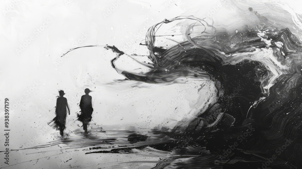 Fototapeta premium Black and white illustration couple in love abstract art romantic minimalistic background 