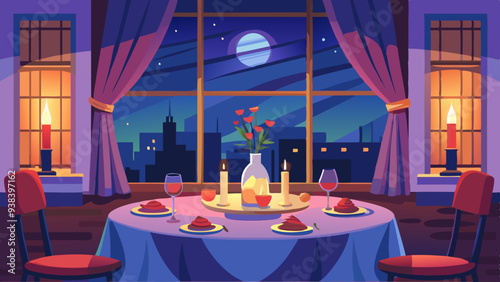 Elegant dinner setting by moonlight with a city skyline view