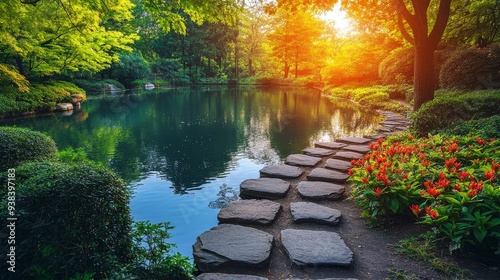 Serene lakeside path at sunset with vibrant foliage and warm golden light