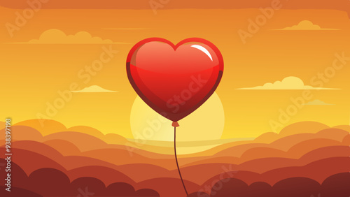Heart-shaped balloon floating at sunset over a scenic landscape
