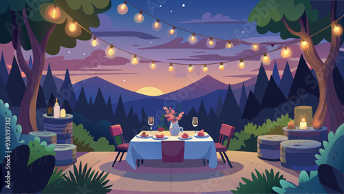 Romantic outdoor dinner at sunset with mountain view and string lights