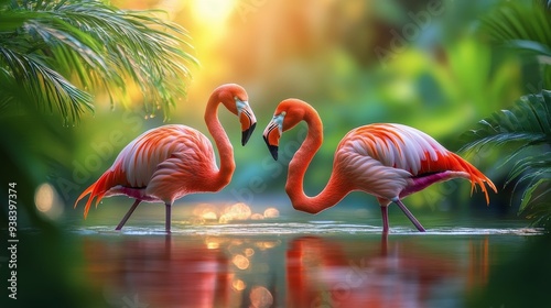 Two flamingos standing gracefully in a serene wetland during sunrise