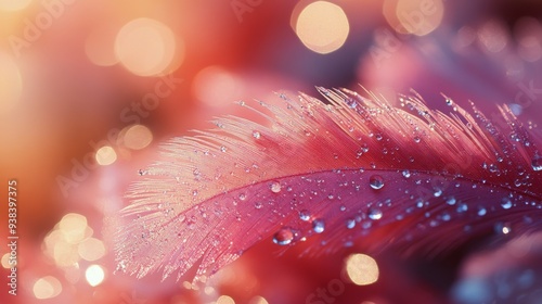 Close-up of a pink feather with dew drops glistening in soft light at dawn