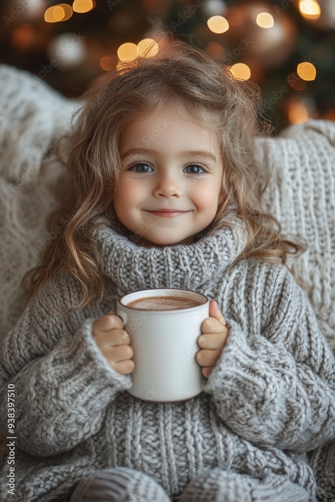 Young child wrapped in a cozy blanket enjoying a warm beverage indoors during winter Young child wrapped in a cozy blanket enjoying a warm beverage indoors during winter