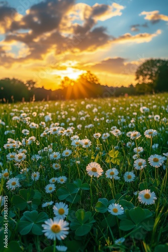 Sunset over a field of daisies in spring