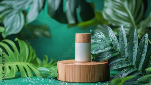 Natural skincare product displayed on a bamboo stand surrounded by lush green...