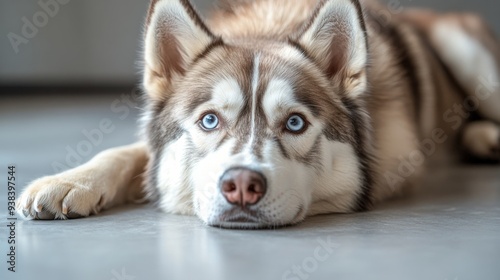 Siberian husky resting on a light floor with blue eyes