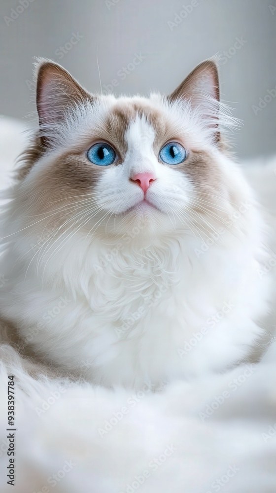 Fluffy Ragdoll cat with striking blue eyes resting peacefully indoors Fluffy Ragdoll cat with striking blue eyes resting peacefully indoors