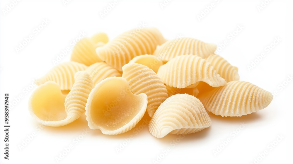 A close-up of uncooked, raw, dry, Italian pasta shells, conchiglie, isolated on white background.