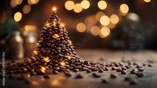 offee Bean Christmas Tree with Warm Festive Lights photo