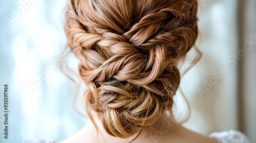 Close-up of a beautiful bride's hairstyle, focusing on the intricate details and elegant design, perfect for wedding preparations and hairdresser concepts.