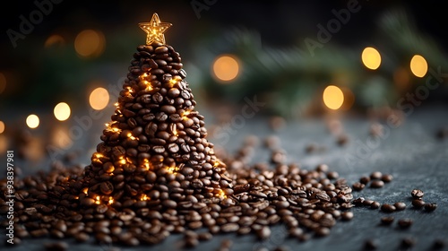 offee Bean Christmas Tree with Warm Festive Lights photo