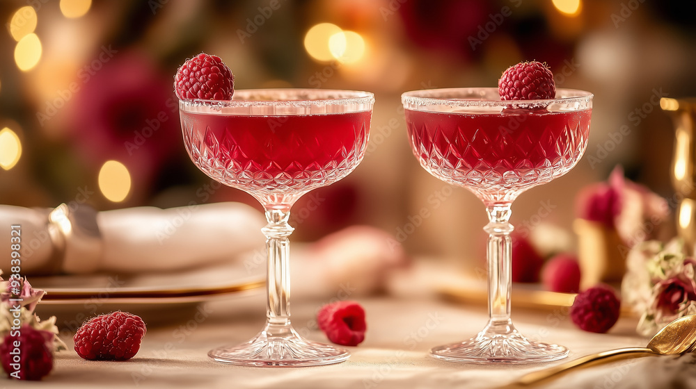 Two crystal coupe glasses filled with a vibrant raspberry cocktail. Each glass is garnished with a fresh raspberry perched on the rim, adding a touch of luxury. The background slightly blurred Two crystal coupe glasses filled with a vibrant raspberry cocktail. Each glass is garnished with a fresh raspberry perched on the rim, adding a touch of luxury. The background slightly blurred