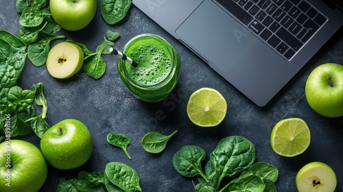 Green smoothie on a wooden table with computers and plants during sunset in a...