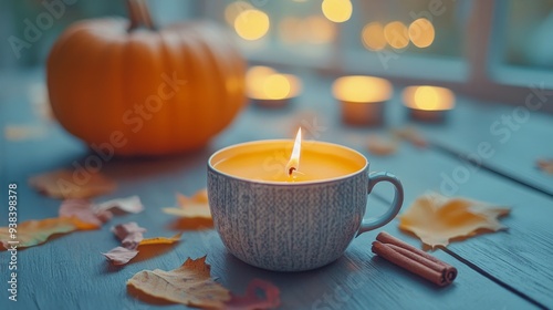 Cozy autumn setup with a candle and pumpkin on a wooden table by the window