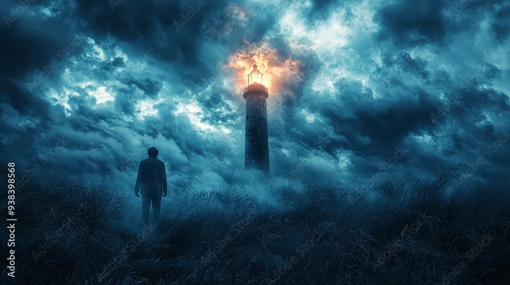 A lone figure stands in tall grass, silhouetted against a stormy sky and a bright lighthouse beacon. A lone figure stands in tall grass, silhouetted against a stormy sky and a bright lighthouse beacon.