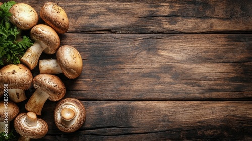 Fresh mushrooms arranged on rustic wooden table with decorative herbs