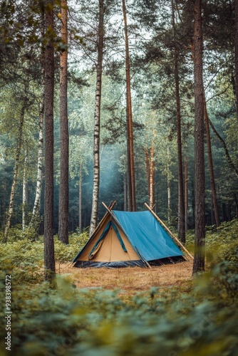 Camping in a tranquil forest with a tent and picnic table during morning light