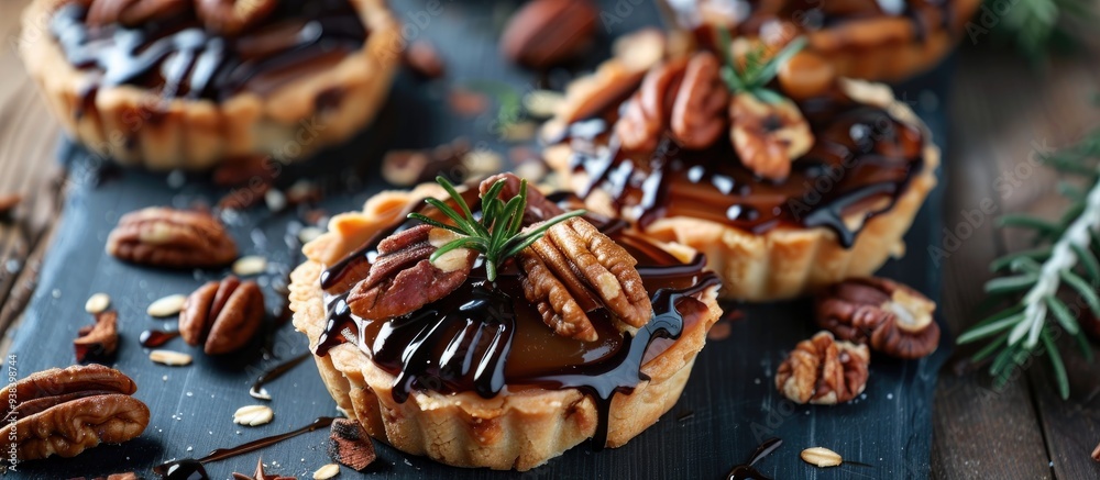 Fototapeta premium Tartlets With Caramelized Nuts On Table Closeup Tasty Dessert