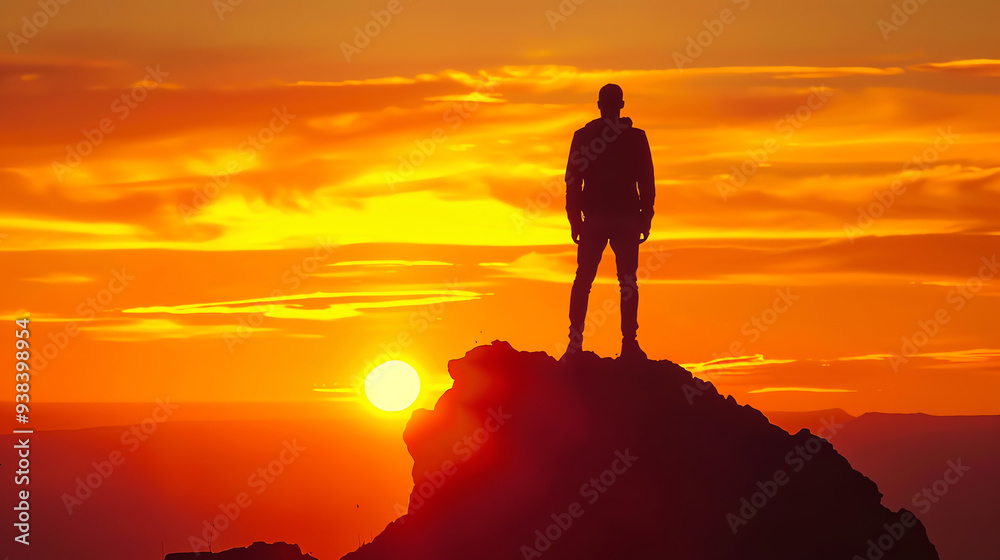 Silhouette of a person standing on a rocky peak at sunset. Trees are visible at the edge.
Silhouette of a person standing on a rocky peak at sunset. Trees are visible at the edge.