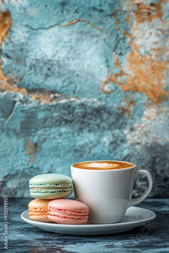 Coffee and colorful macarons on a textured blue background
