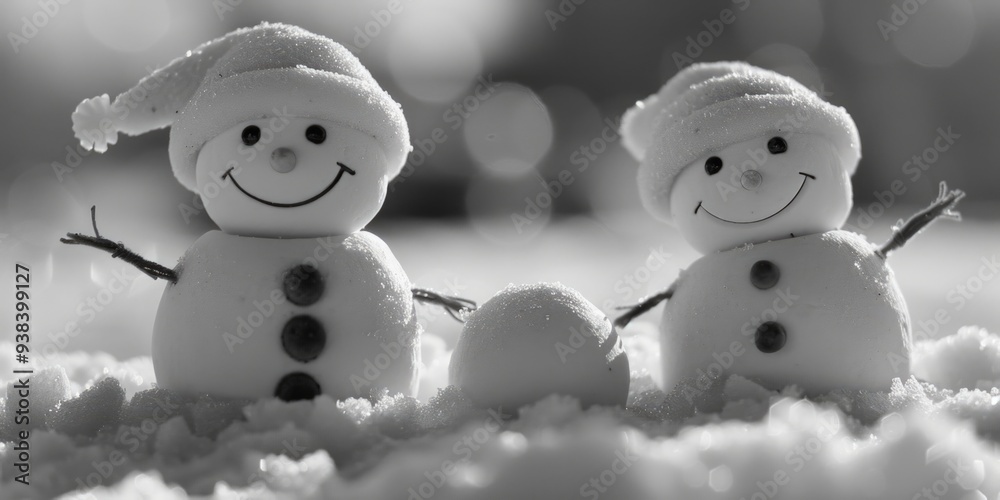Two snowmen stand side by side, enjoying the winter weather Two snowmen stand side by side, enjoying the winter weather