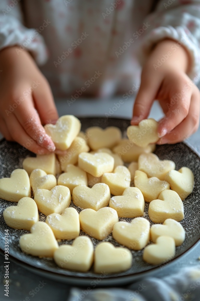 Child's hands arranging heart-shaped candies on a plate indoors during daylight Child's hands arranging heart-shaped candies on a plate indoors during daylight