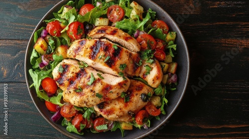 Grilled chicken salad with fresh vegetables on a wooden table
