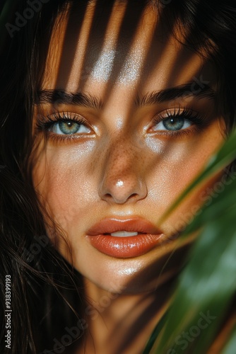 Close-up of a woman with striking features illuminated by natural light and s...