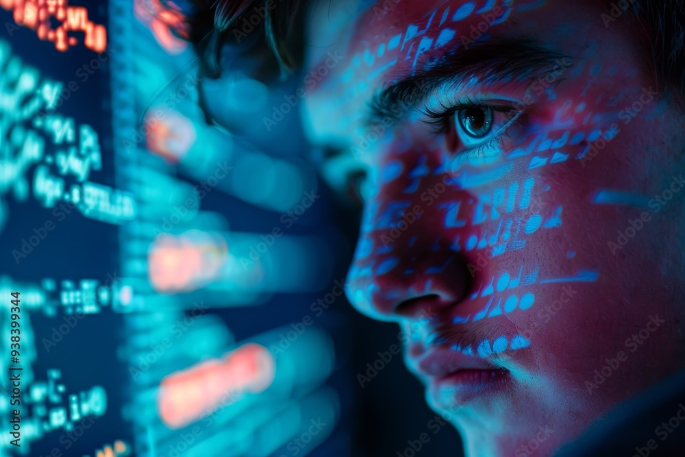 A man is staring at a computer screen with a blue background and red numbers A man is staring at a computer screen with a blue background and red numbers