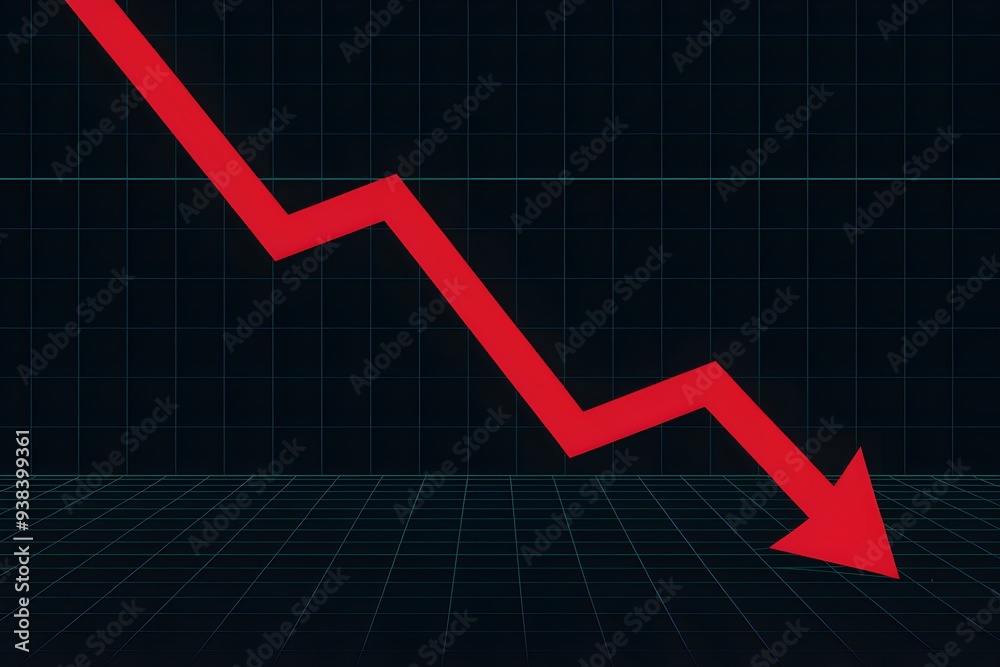 Red line plunges downward on black background, grid pattern, sharp decline highlighted Red line plunges downward on black background, grid pattern, sharp decline highlighted