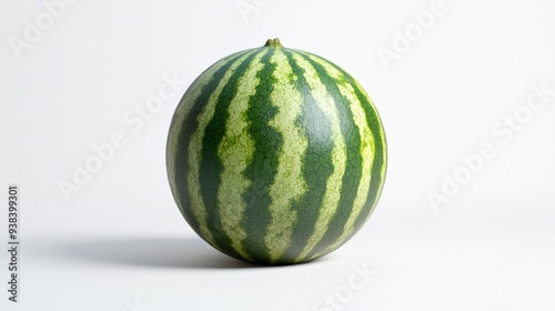 A whole, ripe watermelon with a green rind and dark green stripes sits on a white background.