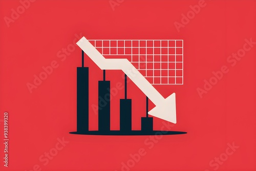 Red background, downward arrow with grid pattern, vertical bars suggest decline