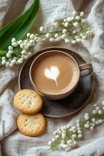 Coffee and cookies surrounded by fresh lily of the valley flowers on a blue t...