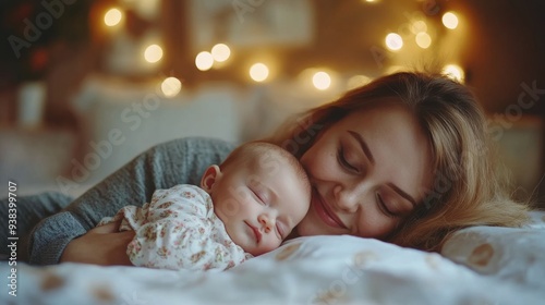 Mother cuddling her sleeping baby in a cozy bedroom with soft lights at night