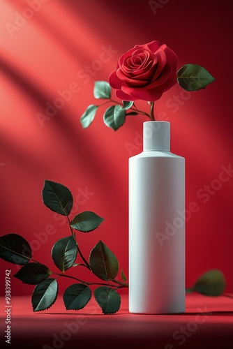 White spray bottle surrounded by red roses on a vibrant red background