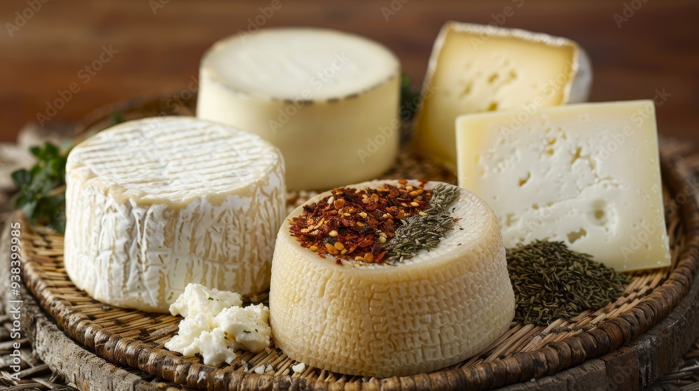 A basket of cheese and herbs including pepper and parsley A basket of cheese and herbs including pepper and parsley