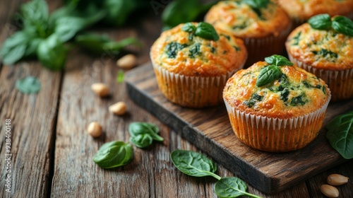 Freshly baked spinach muffins on a wooden board with spinach leaves beside