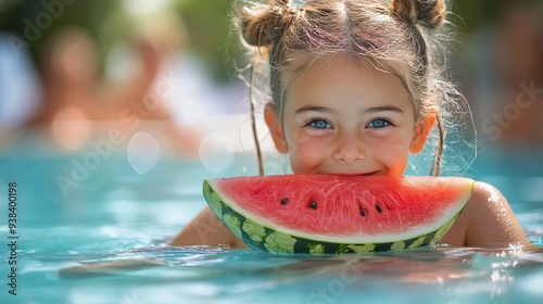 Child enjoying watermelon in sparkling pool on a sunny day
