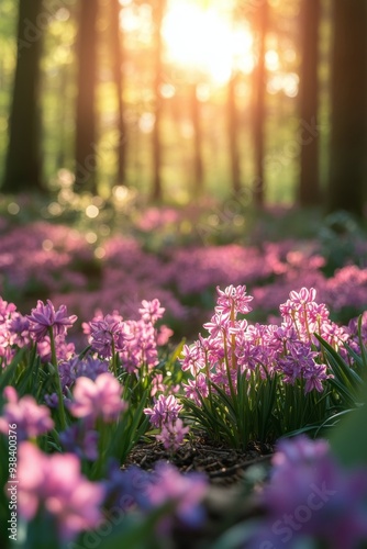 Colorful spring flowers blooming in a forest during sunset