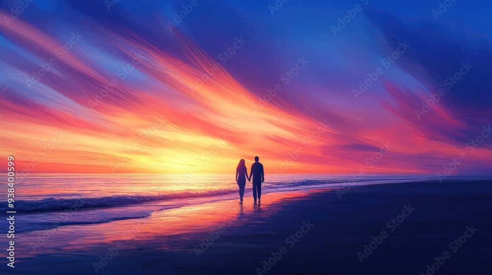 A serene sunset over the beach, with a couple walking hand in hand along the shore, creating a romantic atmosphere. A serene sunset over the beach, with a couple walking hand in hand along the shore, creating a romantic atmosphere.