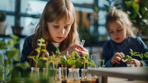 Two young girls are working on a science project