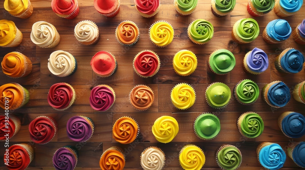 A row of colorful cupcakes with frosting on them A row of colorful cupcakes with frosting on them