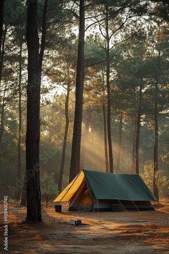 Camping in a tranquil forest with a tent and picnic table during morning light